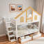 Lit superposé en bois avec escalier de rangement, tiroirs, toit de maison et porte de fenêtre-776119582