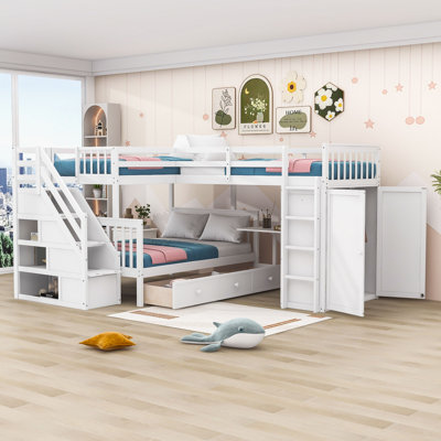 Twin And Twin Over Full Wooden Bunk Bed With Built-In Wardrobe, Retractable Desk And Drawers