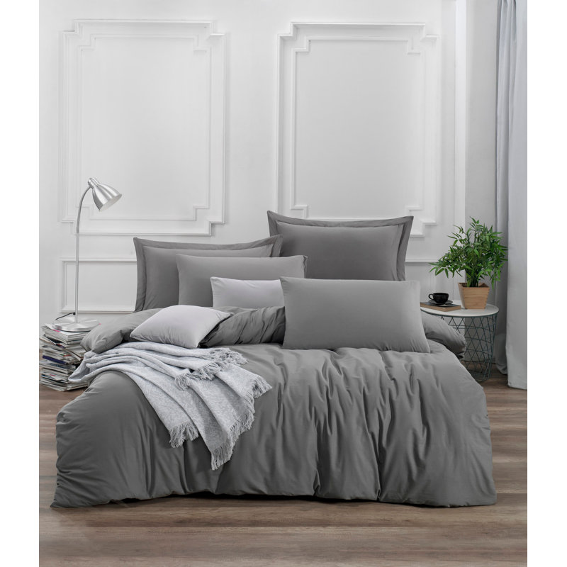 Ensemble de housse de couette 100% coton, Housse de couette double TG + 2 taies d'oreiller s, Gris foncé