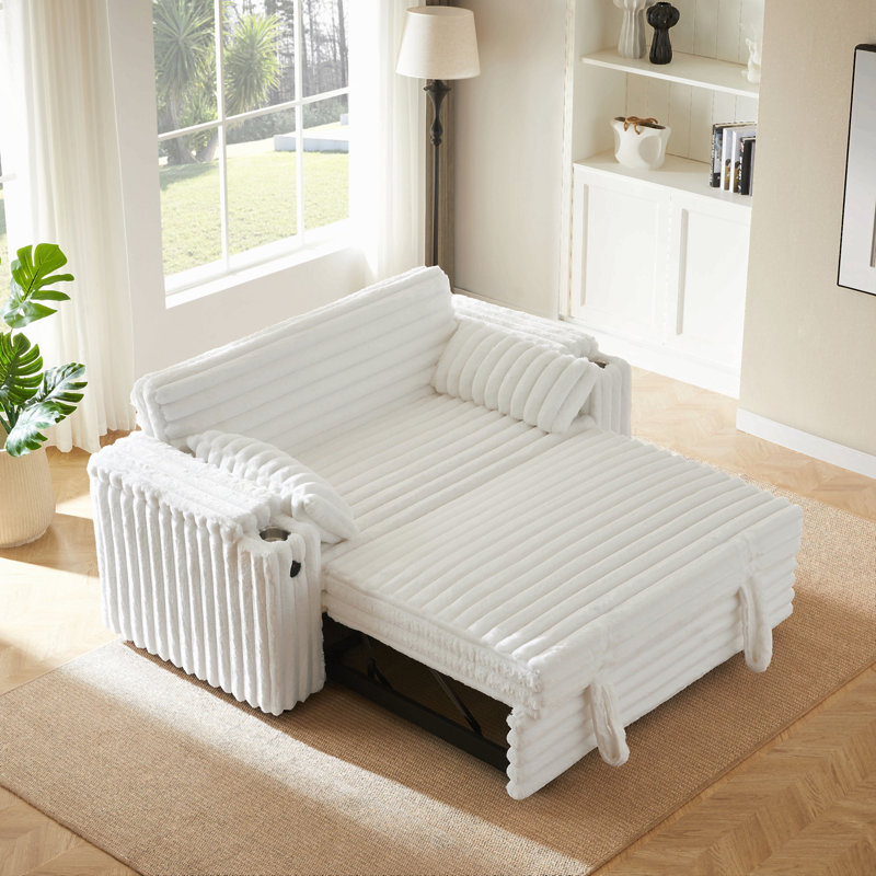 Canapé-lit avec causeuse et accoudoirs avec rangement, port USB, L 68 po, Velours côtelé blanc