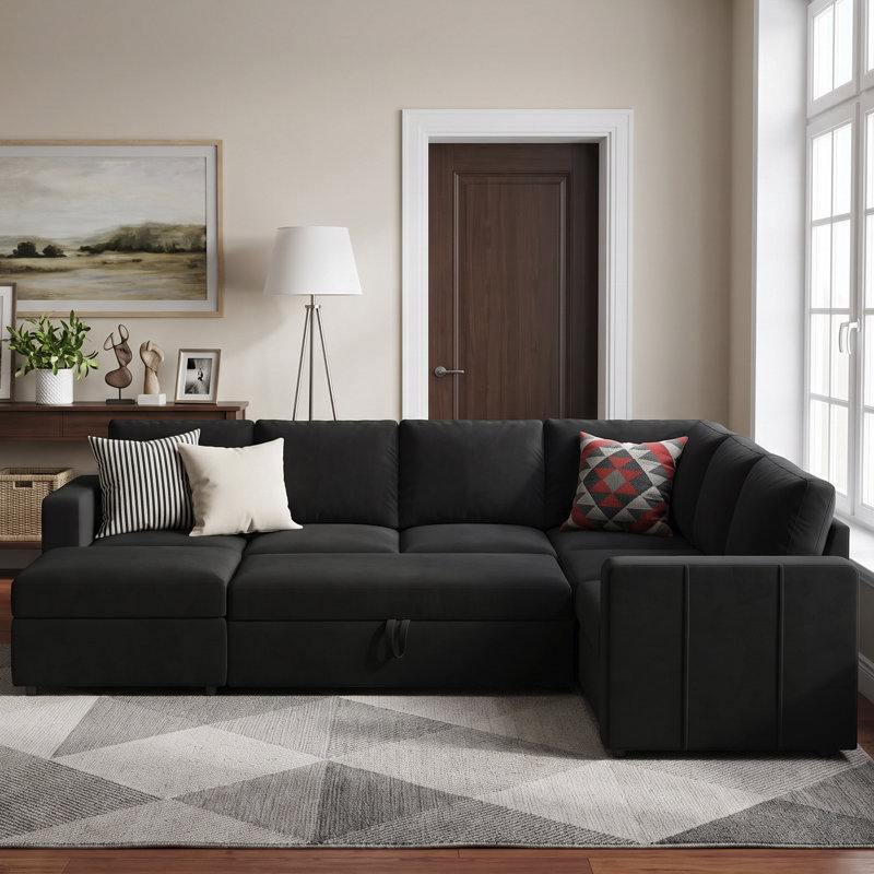 Seybert Pull-Out Sofa Bed Sectional With Storage Ottoman, Black Velvet