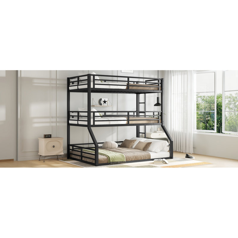 Lit superposé simple au-dessus de simple au-dessus d'un lit double, lit superposé triple en métal avec garde-corps de sécurité, lit superposé robuste avec conception à réduction de bruit, noir