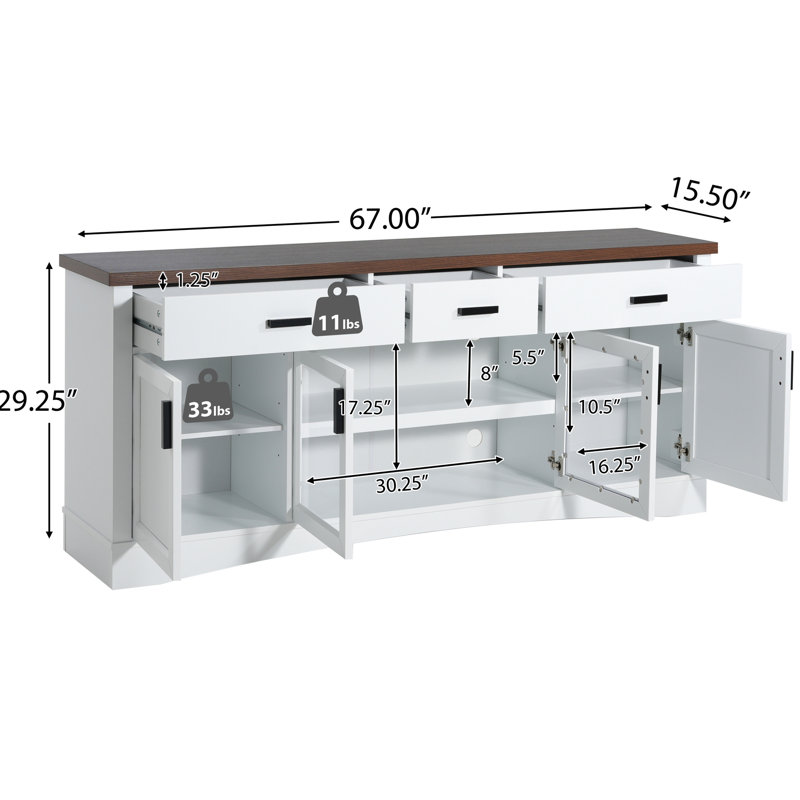 Élégante console de télévision avec tiroirs, espaces de rangement et une grande surface pour la décoration du salon