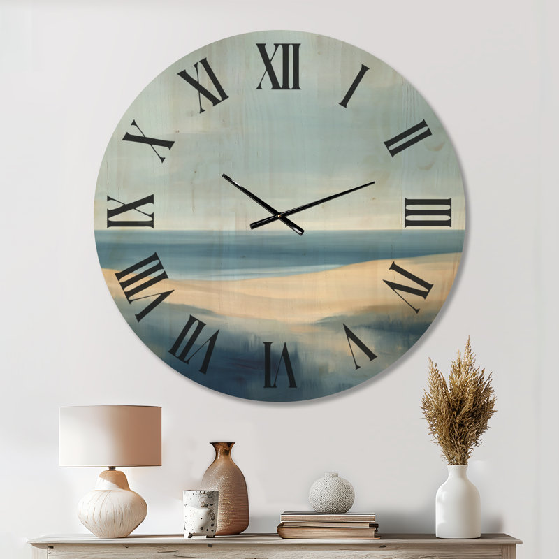 Horloge murale surdimensionnée en bois, style côtier, représentant un paysage marin serein de dunes., Extra Large