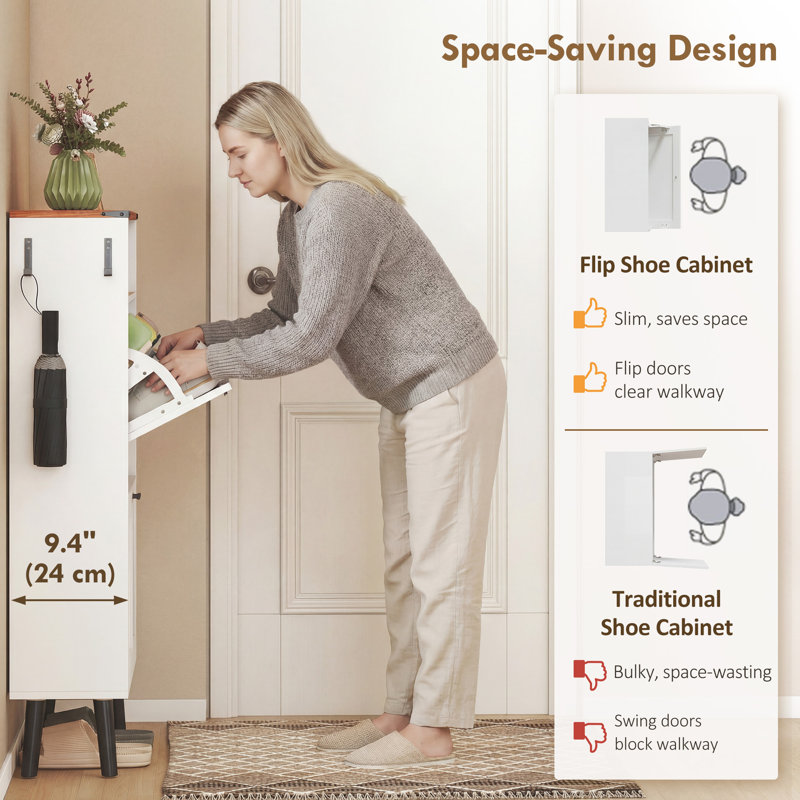 Armoire de rangement pour chaussures avec 2 tiroirs rabattables, armoire à chaussures étroite, blanc, Blanc / Brun