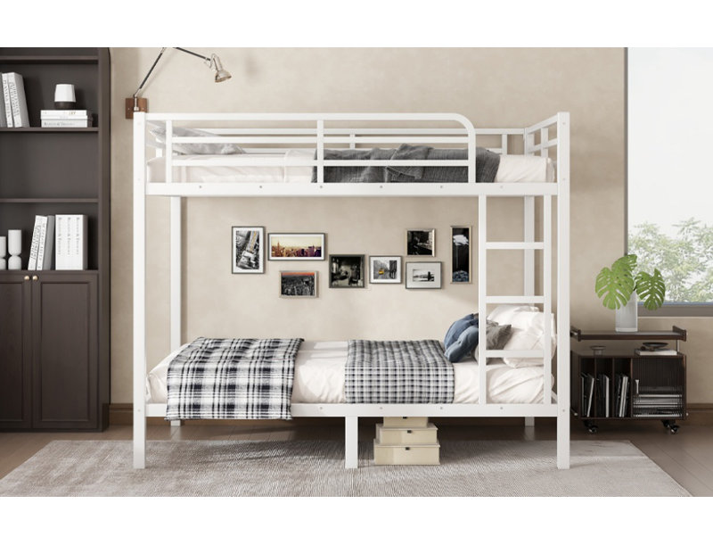 Lit superposé double en métal pour adolescents et adultes, peu encombrant / réduit le bruit / aucun sommier tapissier requis, blanc