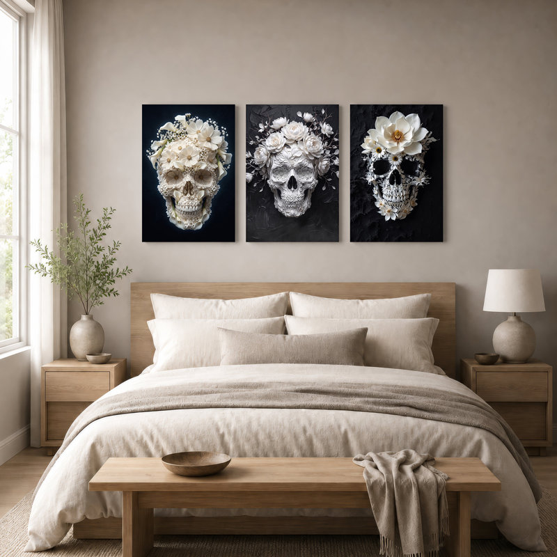 Triptyque floral blanc et crâne sur fond sombre, ensemble de 3 toiles murales pour l'Halloween, 18"H x 12"W x 3pcs