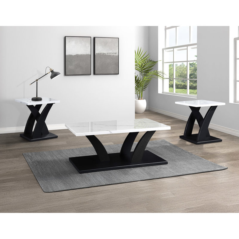 Moderne 3 cocktail avec table basse rectangulaire - plateau en faux marbre blanc et 2 tables de bout noires pour le salon