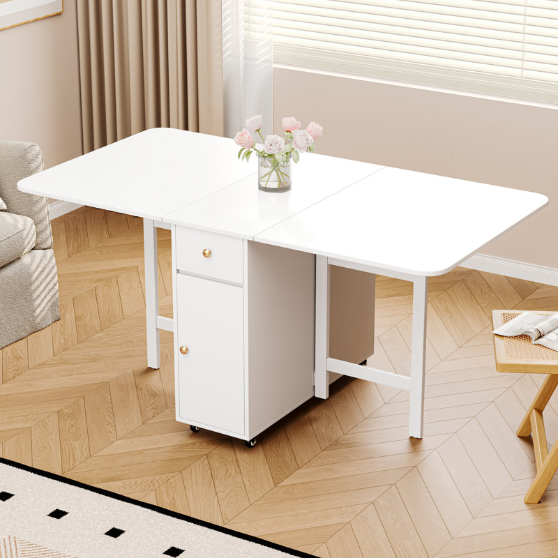 59'' White Folding Table With Drop Leaves For Small Space, Rectangular Wooden Extendable Dining Table With Wheels And Storage