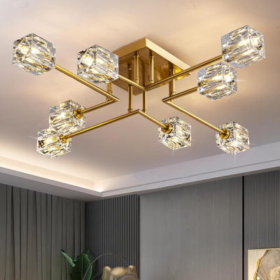 Plafonnier moderne semi-encastré avec 8 lumières, lustre Spoutnik doré avec abat-jour en cristal K9 pour chambre à coucher, salle à manger, cuisine, salon, bureau