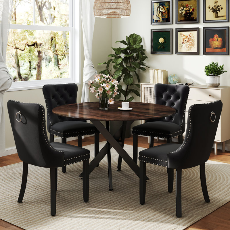 Ensemble de salle à manger rond en bois avec chaise capitonnée, Brun, Noir, noir, noir, noir, Noir, noir, noir, noir