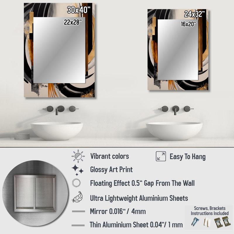 Gold Touch Art Deco IV - miroir mural décoratif abstrait, miroir noir, art imprimé en métal, 32 po x 24 po