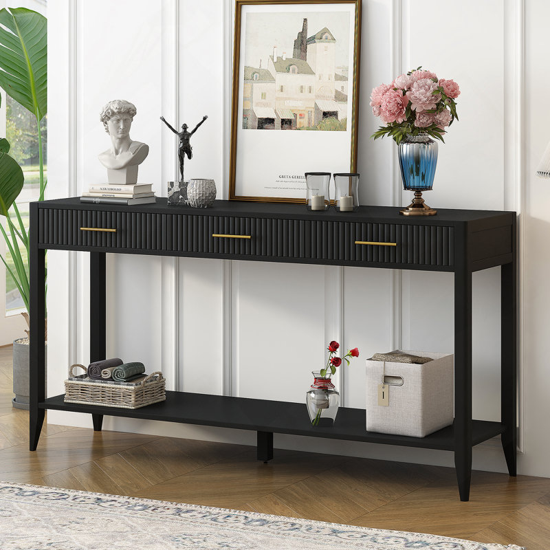 High-Quality Entryway Console Table with Vertical Stripe Drawers, Long Legs, Black