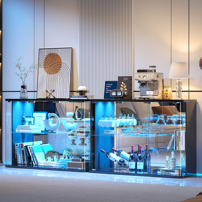 Display Case With Glass Doors And Rgb Light, Black