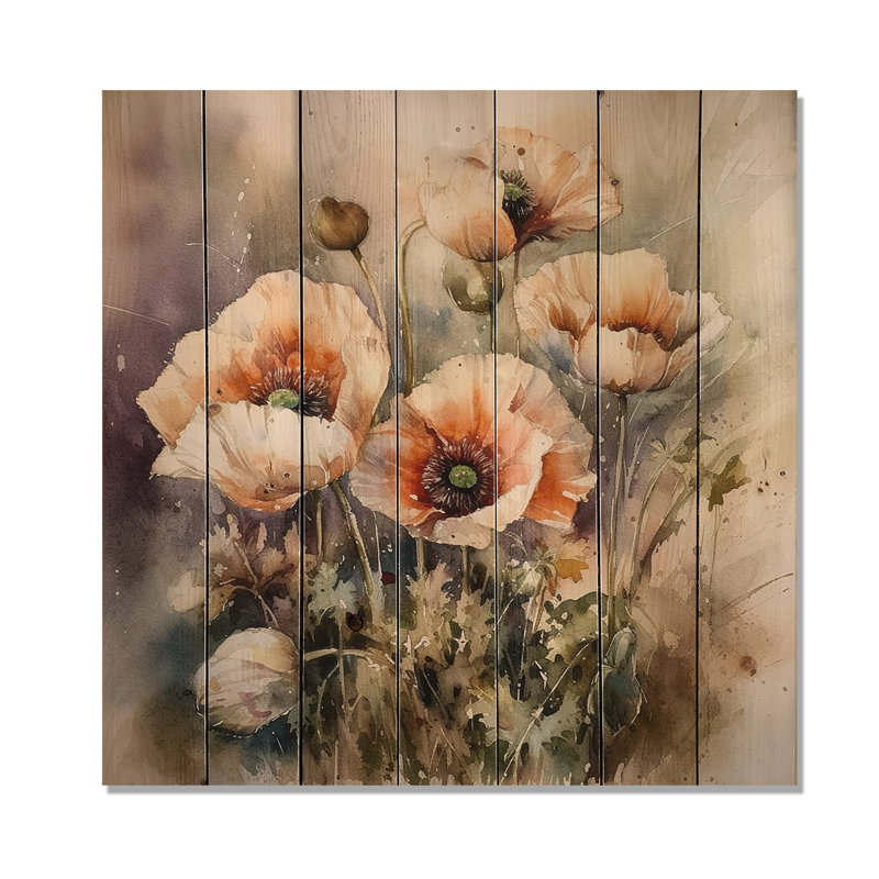 Pivoines oranges en fleurs II sur bois, H 15 po x l 15 po x P 0,78 po