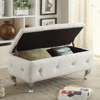 Banc de rangement capitonné en cuir reconstitué avec décor en cristal, repose-pieds de chambre rembourré avec rangement caché pour le vestibule du salon