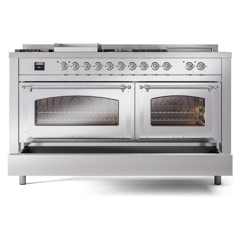 ILVE Nostalgie II Noblesse 60 in Dual Fuel Range 7 Burner, Griddle, Frenchtop, Natural Gas, Stainless Steel/Chrome