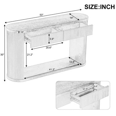 Oval Fluted Console Table with 2 Drawers and Bottom Shelf, Wood Entryway Table with Smooth Metal Slides for Living Room, Entryway