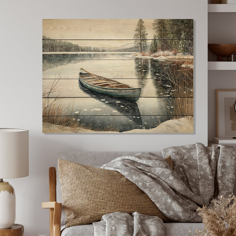 Marisela, scène d'hiver avec canot IV - impression sur bois sans cadre, H 30 po x l 40 po x P 1,5 po