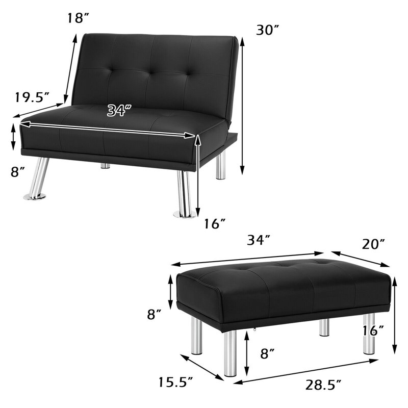 Faux Leather Accent Chair with Ottoman, Black Faux Leather