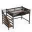 Lit mezzanine double en métal noir avec rangement fonctionnel et tablette, un choix pratique pour les barrières de sécurité en escalier, idéal pour créer une chambre confortable et sécuritaire
