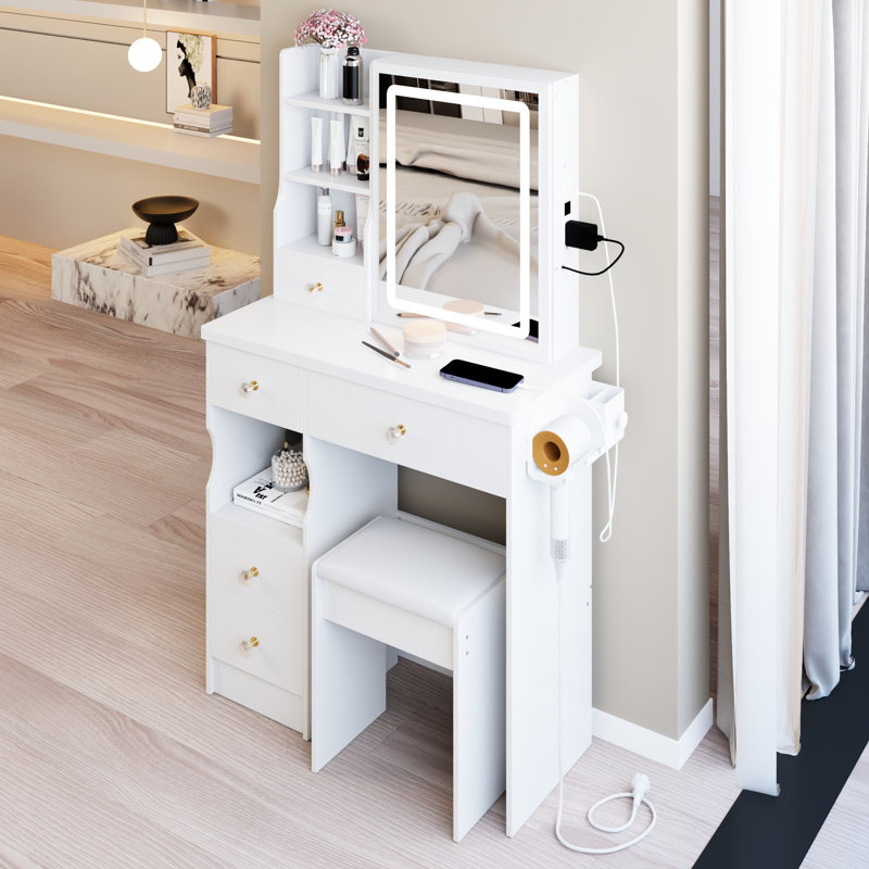 Petite coiffeuse avec tiroir de gauche, tabouret rembourré, centrale électrique encastrée, support pour sèche-cheveux et miroir à DEL coulissant à commande tactile pour petites pièces de style américain 29,2 po blanc 2 AC + 2