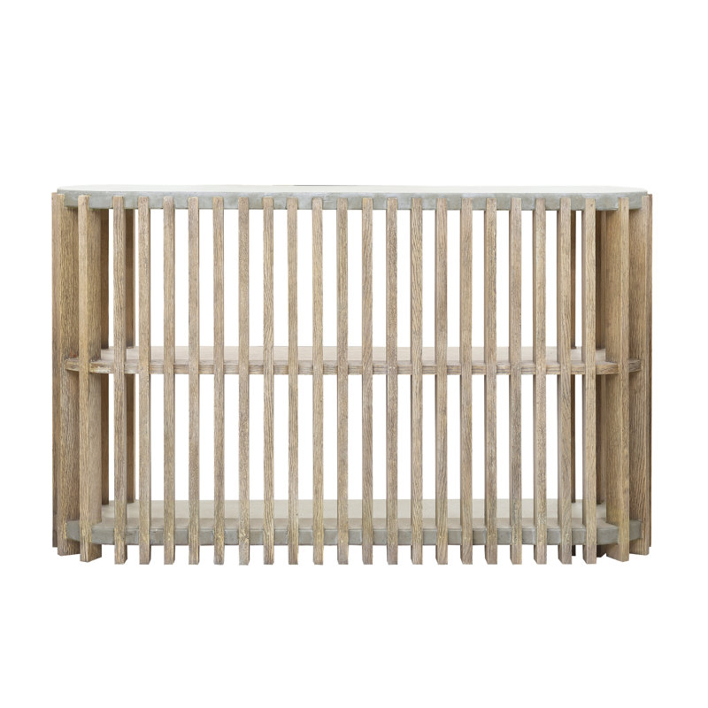 Beige and Gray Wood Slat Display Console with Concrete Top