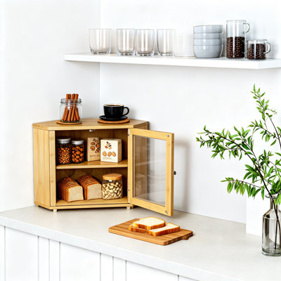 Corner Mount Two Layer Bread Box, Large Kitchen Countertop Storage Container (Natural)