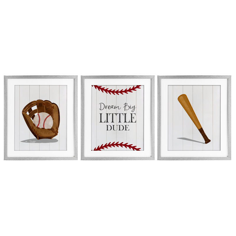 «Get Your Baseball Game On», ensemble de 3 pièces encadrées sous verre, design par Christine Simpson Art, H 16 po x l 13 po