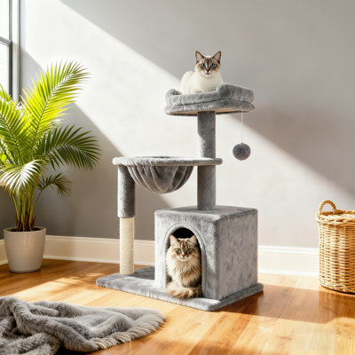 29.5" Plush Cat Tree With Condo, Scratching Post, Hammock & Dangling Ball Toy