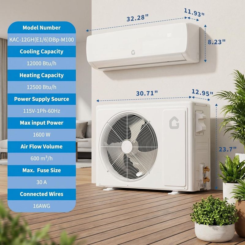 12 000 BTU Mini Split AC, avec pompe à chaleur, couverture de 750 pieds carrés, 115 V, 12 000 BTU