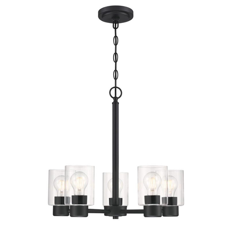 Lustre classique à 5 lumières Burchfield, Noir mat, Verre transparent