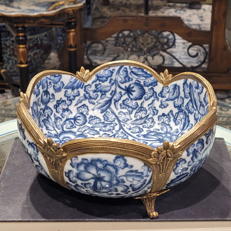 Porcelain Scallop Bowl With Bronze Blue White Floral