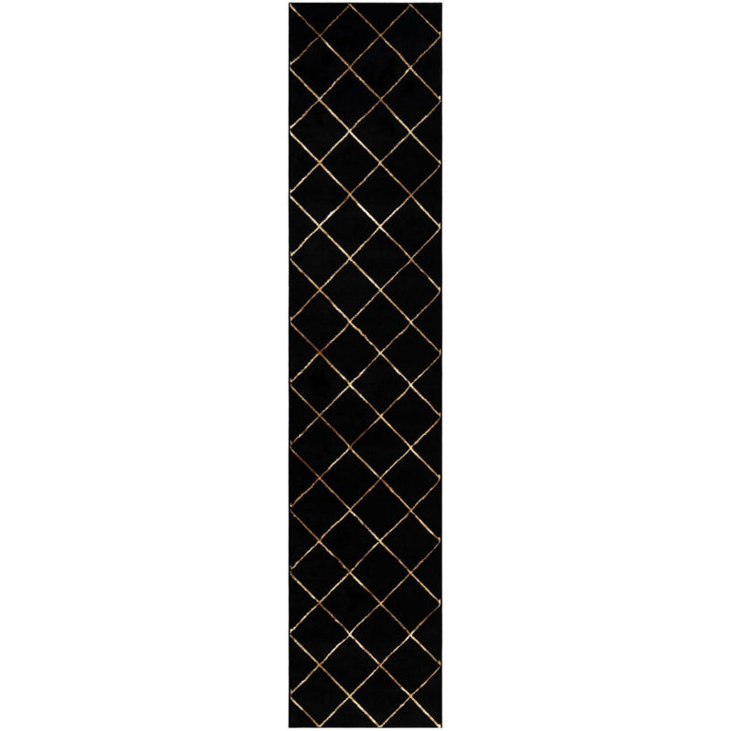 Étowah contemporain noir et doré, Tapis de couloir 2 pi 7 po x 12 pi