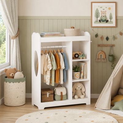 Wooden Dress Up Storage with Mirror, Hooks, and Shelves for Playroom and Bedroom Organization – White