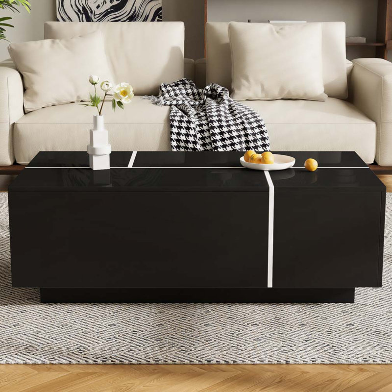 Table basse à plateau extensible ultrabrillant avec 2 espaces de rangement cachés et 2 tiroirs, Noir