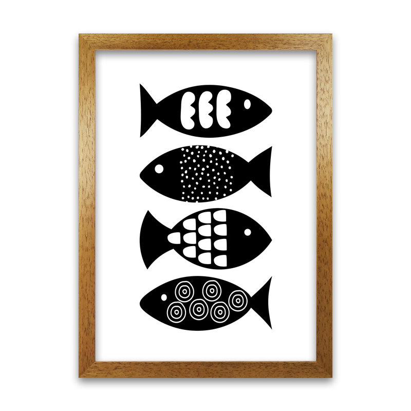 Black And White Scandi Fish - Print, Oak Frame, 84cm H x 59cm W x 3cm D