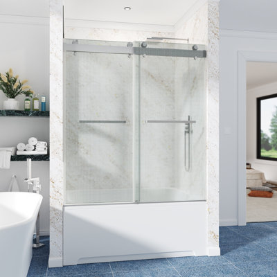  62-67"W x 66" H Frameless Double Bypass Sliding Shower Door, 10mm Laminated Privacy Glass with Wired Inner Layer, Soft-Close Rollers
