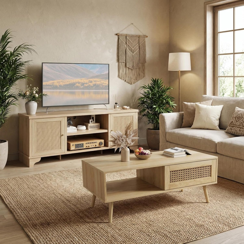  Ensemble de 2 tables de salon, comprenant un meuble de rangement pour meuble télé en rotin de 62 po pour téléviseur de 65 po, table basse avec tablette de rangement pour chambre à coucher