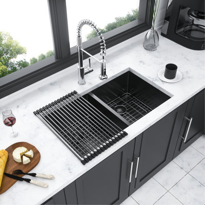 Gunmetal Black, 33" Double Bowl, Undermount Stainless Steel Kitchen Sink, 50/50 16 Gauge, 10" Deep Basins, Hand - Made, Rear 3.5 Drain, X Grooves, Sound Absorbing Pads, Condensation Treatment, Drying