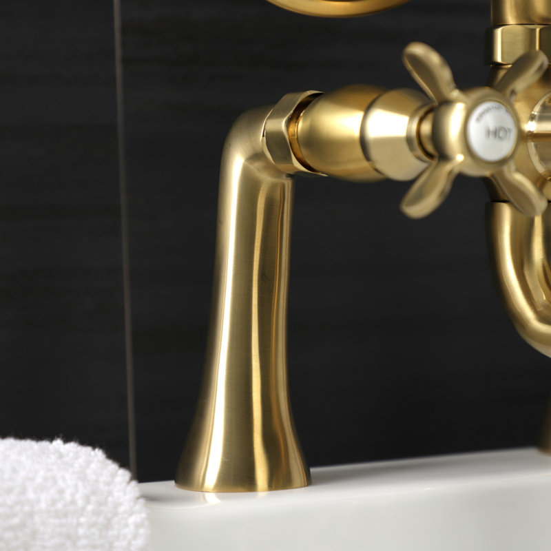 Kingston Brass Essex Three-Handle 2-Hole Deck Mount Clawfoot Tub Faucet with Handshower, Brushed Brass