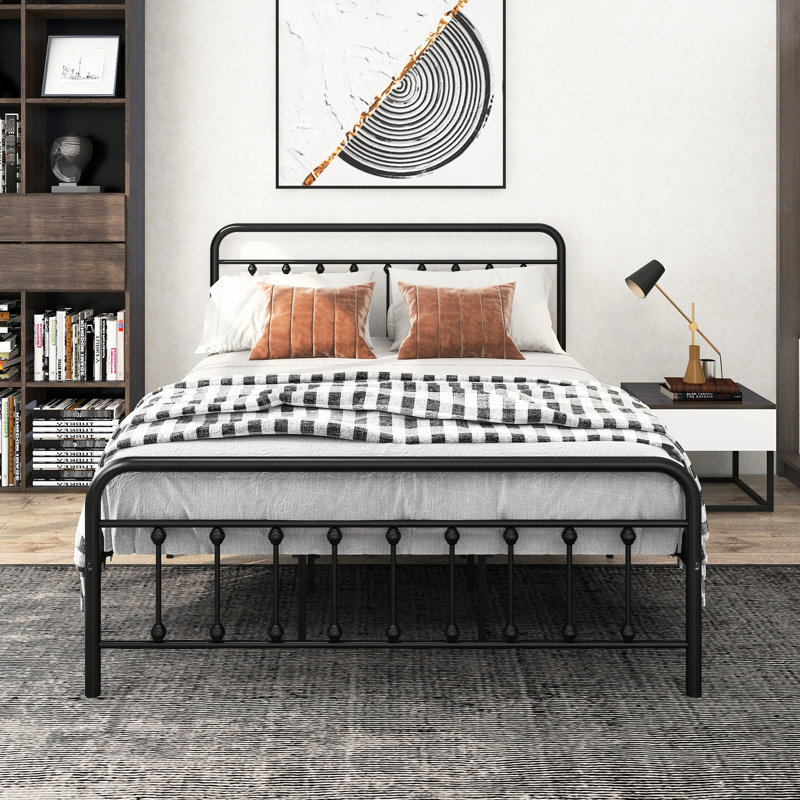 Metal Bed Frame Queen Size, Noise , With Vintage Headboard, , And 12.4" Under - Storage Size Night's Sleep, Queen