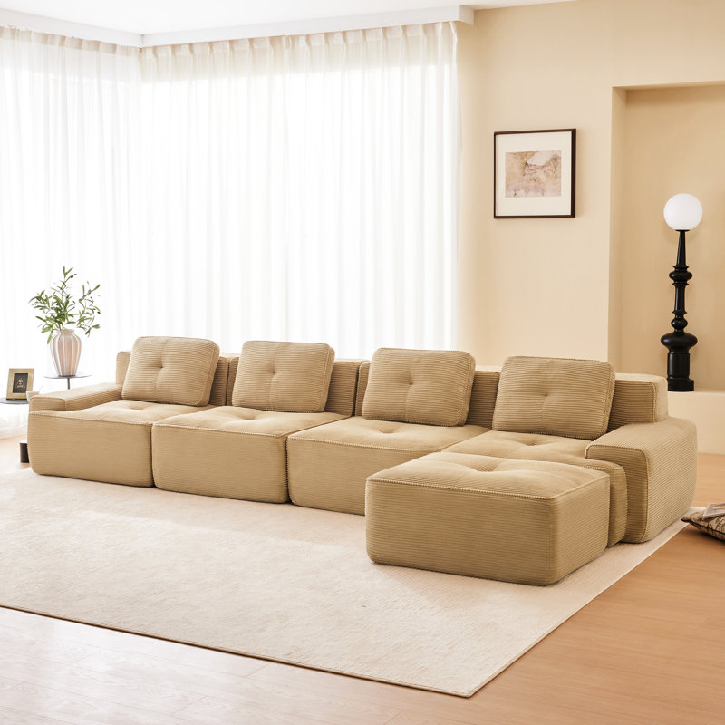 Canapé d'angle moderne en velours côtelé, 153 pouces, assise profonde, réglable, passepoil nacré, sans montage, couleur camel, 153 pouces avec revêtement en velours côtelé, couleur camel