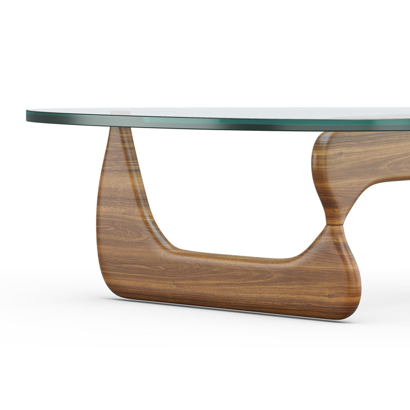 Table basse abstraite à plateau triangulaire de qualité supérieure de 51 po de style Mid-Century avec base en bois massif