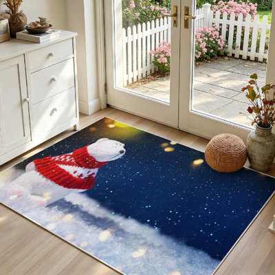 Tapis d'intérieur brun lavable à la machine, motif ours blanc, idéal pour les fêtes de Noël.