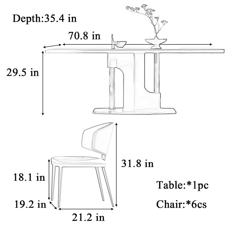High-end minimalist rectangular  table and chair, 29.5"H x 70.8"L x 35.4"W, Black