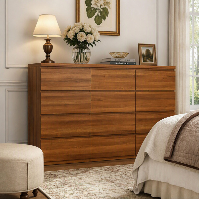 Commode double à 12 tiroirs en noyer au design moderne, grand meuble de rangement pour chambre à coucher