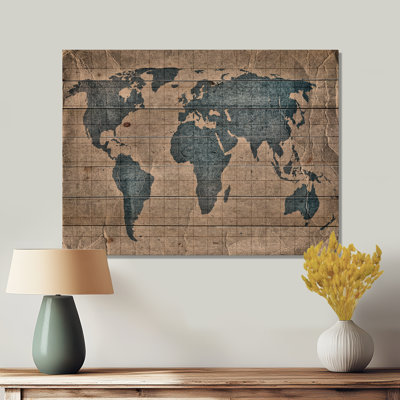 Ancienne carte du monde I - impression rustique sur bois de pin naturel