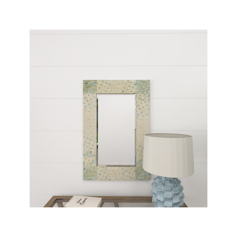 Mother of Pearl Shell Handmade Mosaic Room Wall Mirror with Blue Corners, 36.13"  x 24" 