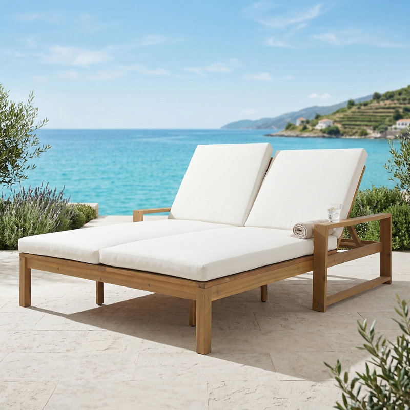 This Light Teak Double Outdoor Lounge Chair Features Two Independently Adjustable Seats, A Soft Beige Removable Cushion, And Is Weather-Resistant And Practical, Enhancing The Quality Of Your Backyard Living.